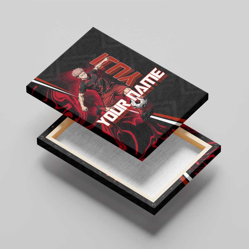 Personalized Yuji Itadori Jujutsu Kaisen Soccer Theme Canvas Wall Art with Dynamic Kick Pose and Red Black Flame Graphic Design - The Mazicc