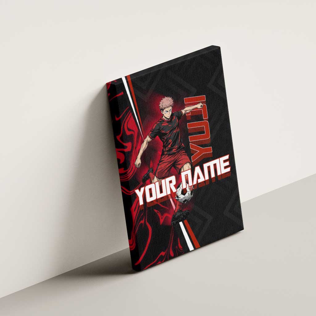Personalized Yuji Itadori Jujutsu Kaisen Soccer Theme Canvas Wall Art with Dynamic Kick Pose and Red Black Flame Graphic Design - The Mazicc