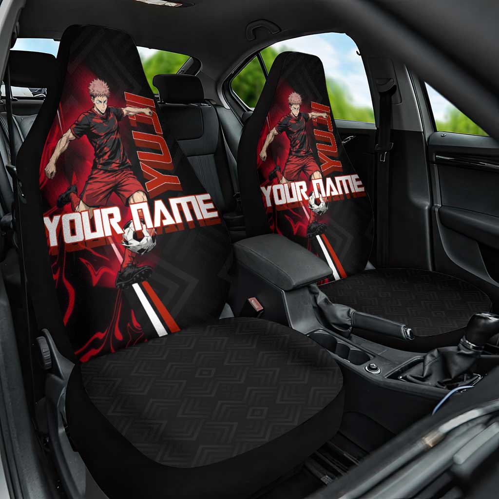 Personalized Yuji Itadori Jujutsu Kaisen Soccer Theme Car Seat Cover with Dynamic Kick Pose and Red Black Flame Graphic Design - The Mazicc