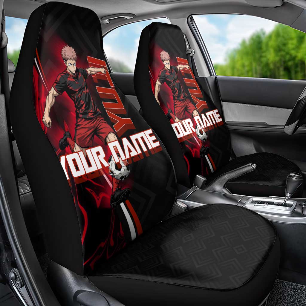 Personalized Yuji Itadori Jujutsu Kaisen Soccer Theme Car Seat Cover with Dynamic Kick Pose and Red Black Flame Graphic Design - The Mazicc
