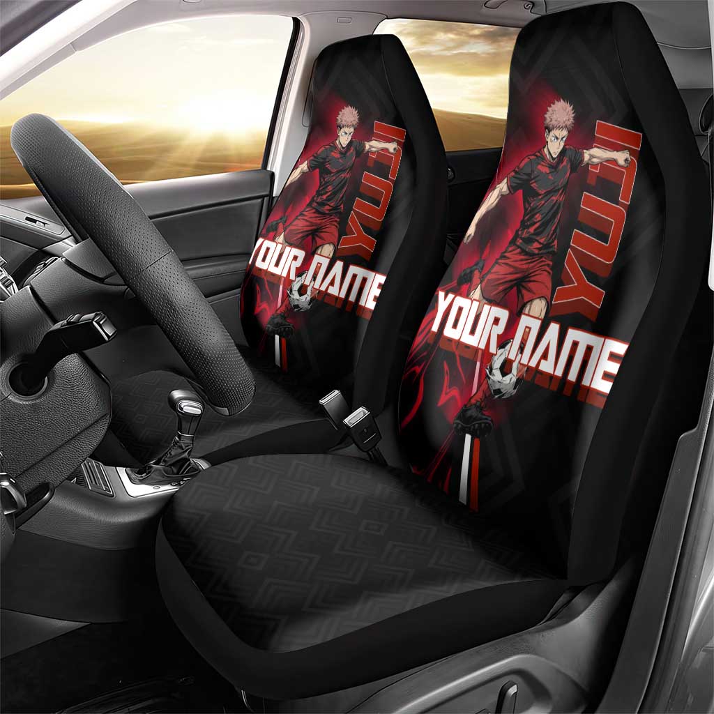 Personalized Yuji Itadori Jujutsu Kaisen Soccer Theme Car Seat Cover with Dynamic Kick Pose and Red Black Flame Graphic Design - The Mazicc