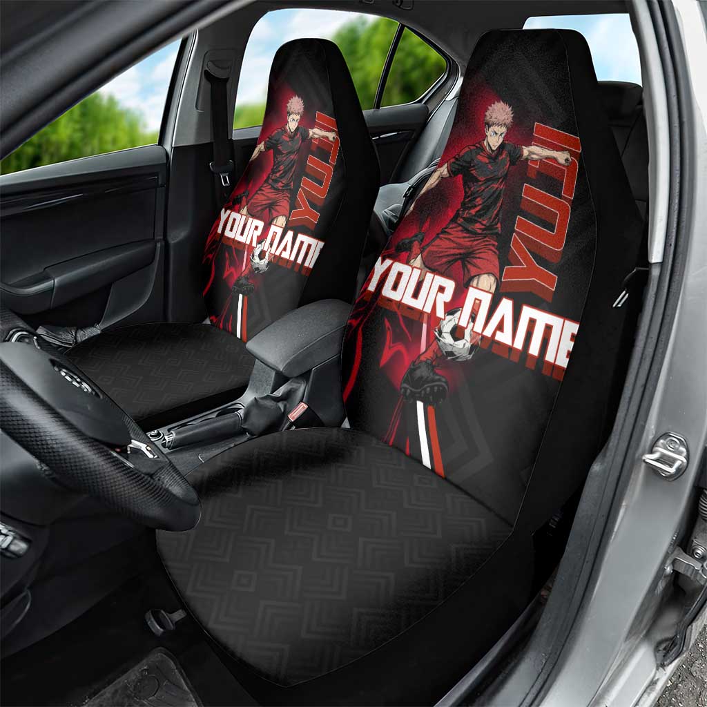 Personalized Yuji Itadori Jujutsu Kaisen Soccer Theme Car Seat Cover with Dynamic Kick Pose and Red Black Flame Graphic Design - The Mazicc