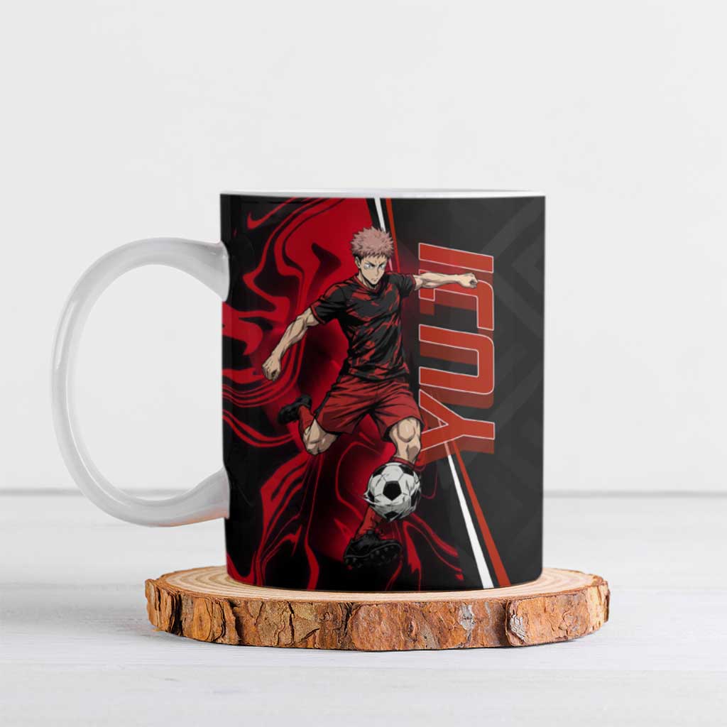 Personalized Yuji Itadori Jujutsu Kaisen Soccer Theme Ceramic Mug with Dynamic Kick Pose and Red Black Flame Graphic Design - The Mazicc