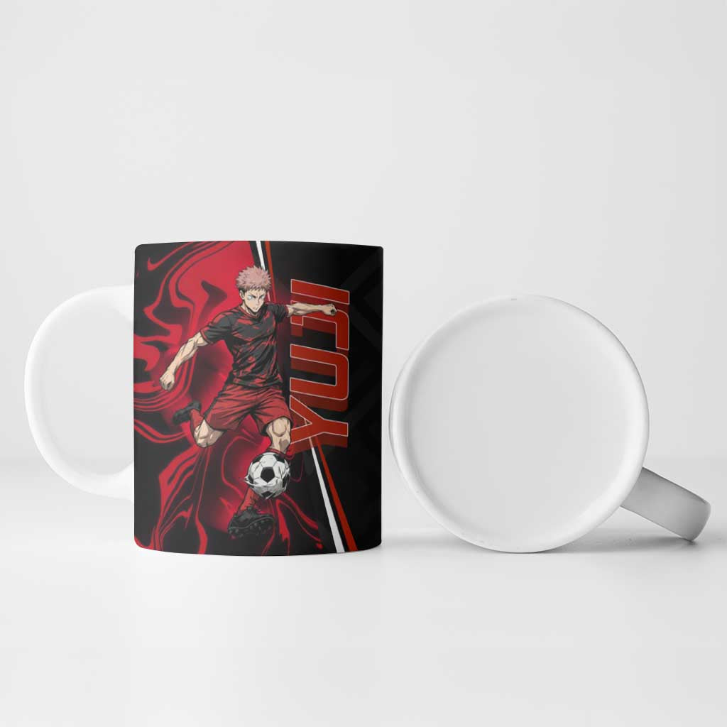 Personalized Yuji Itadori Jujutsu Kaisen Soccer Theme Ceramic Mug with Dynamic Kick Pose and Red Black Flame Graphic Design - The Mazicc