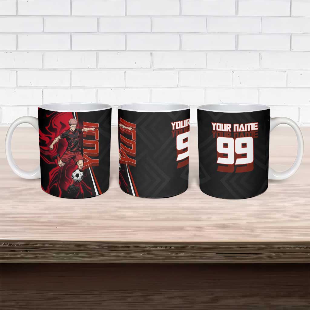 Personalized Yuji Itadori Jujutsu Kaisen Soccer Theme Ceramic Mug with Dynamic Kick Pose and Red Black Flame Graphic Design - The Mazicc