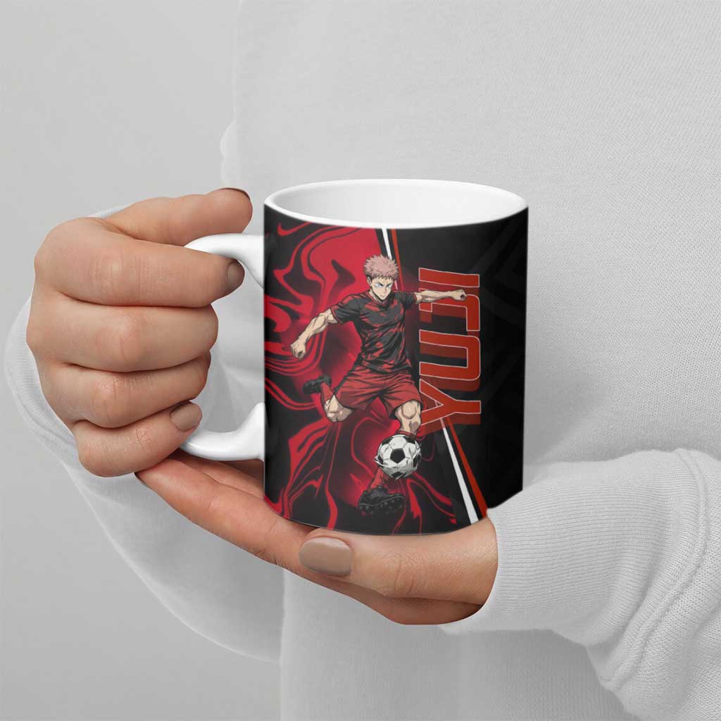Personalized Yuji Itadori Jujutsu Kaisen Soccer Theme Ceramic Mug with Dynamic Kick Pose and Red Black Flame Graphic Design - The Mazicc