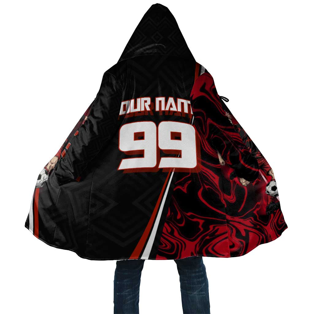 Personalized Yuji Itadori Jujutsu Kaisen Soccer Theme Cloak with Dynamic Kick Pose and Red Black Flame Graphic Design - The Mazicc