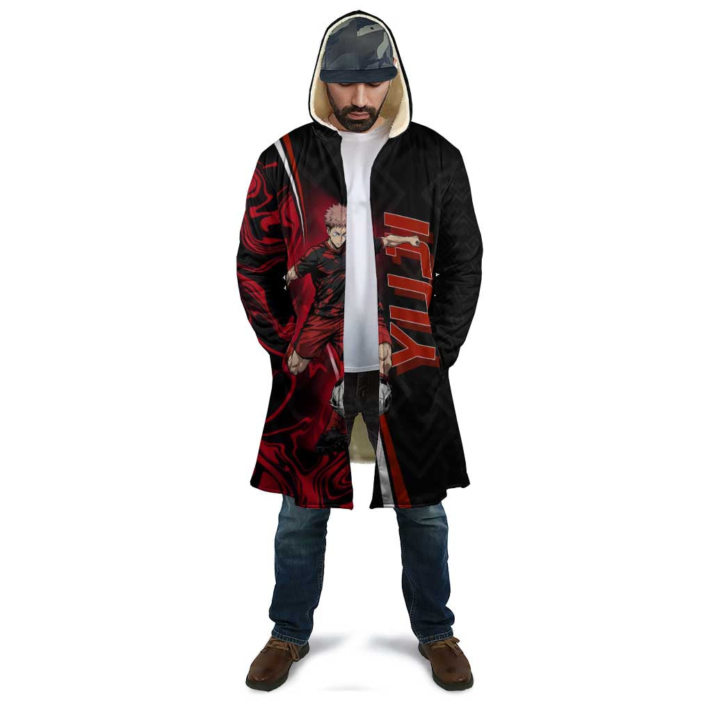 Personalized Yuji Itadori Jujutsu Kaisen Soccer Theme Cloak with Dynamic Kick Pose and Red Black Flame Graphic Design - The Mazicc