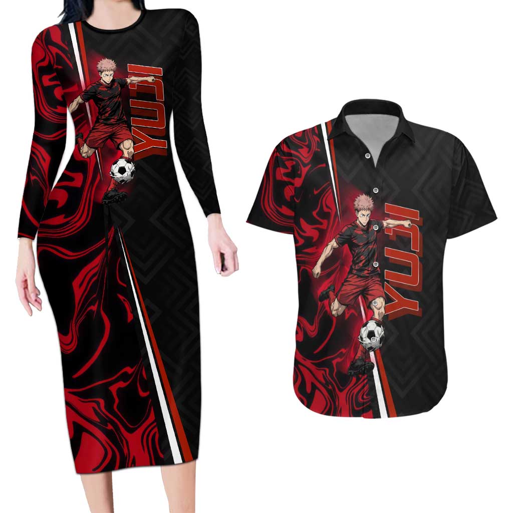 Personalized Yuji Itadori Jujutsu Kaisen Soccer Theme Couples Matching Long Sleeve Bodycon Dress and Hawaiian Shirt with Dynamic Kick Pose and Red Black Flame Graphic Design - The Mazicc