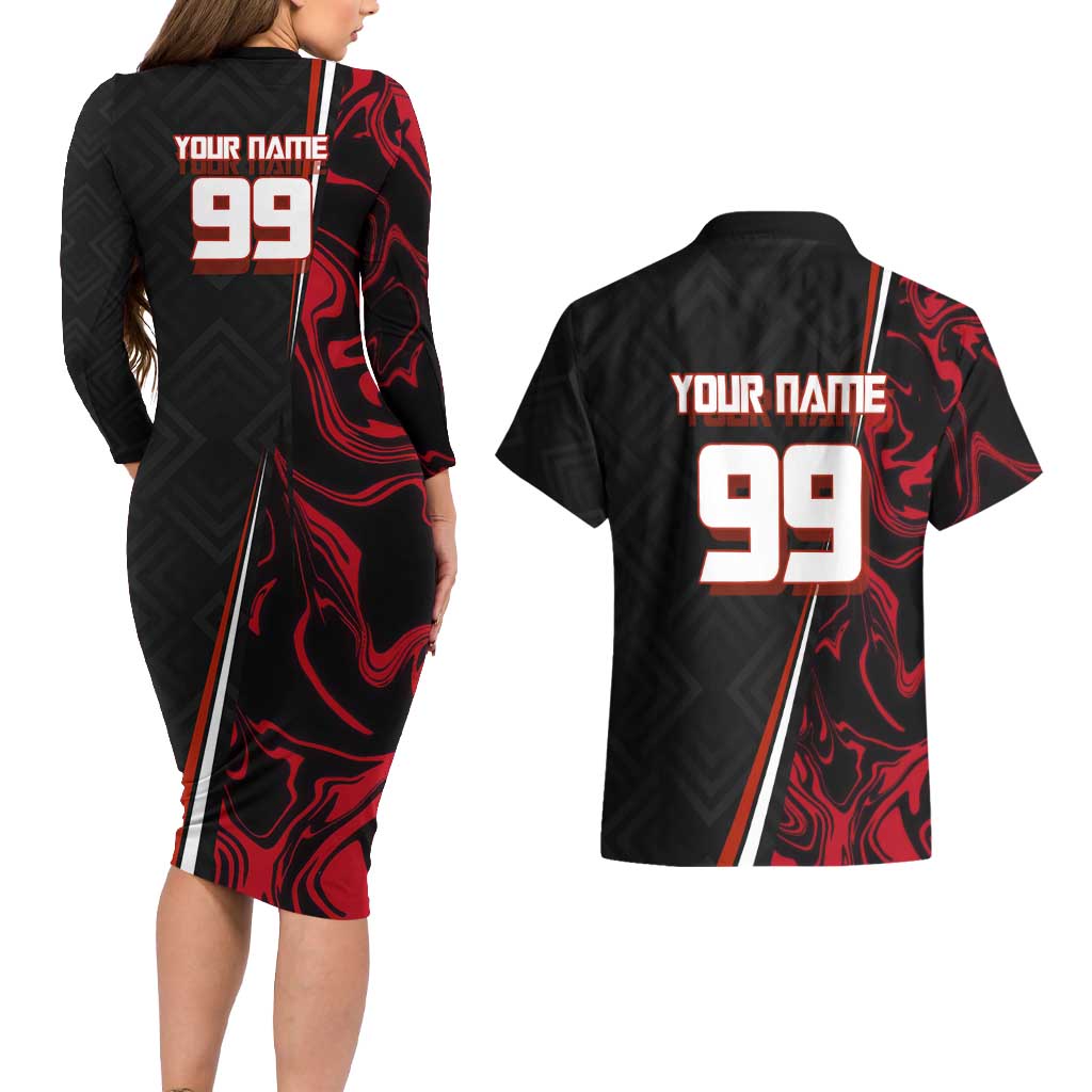 Personalized Yuji Itadori Jujutsu Kaisen Soccer Theme Couples Matching Long Sleeve Bodycon Dress and Hawaiian Shirt with Dynamic Kick Pose and Red Black Flame Graphic Design - The Mazicc
