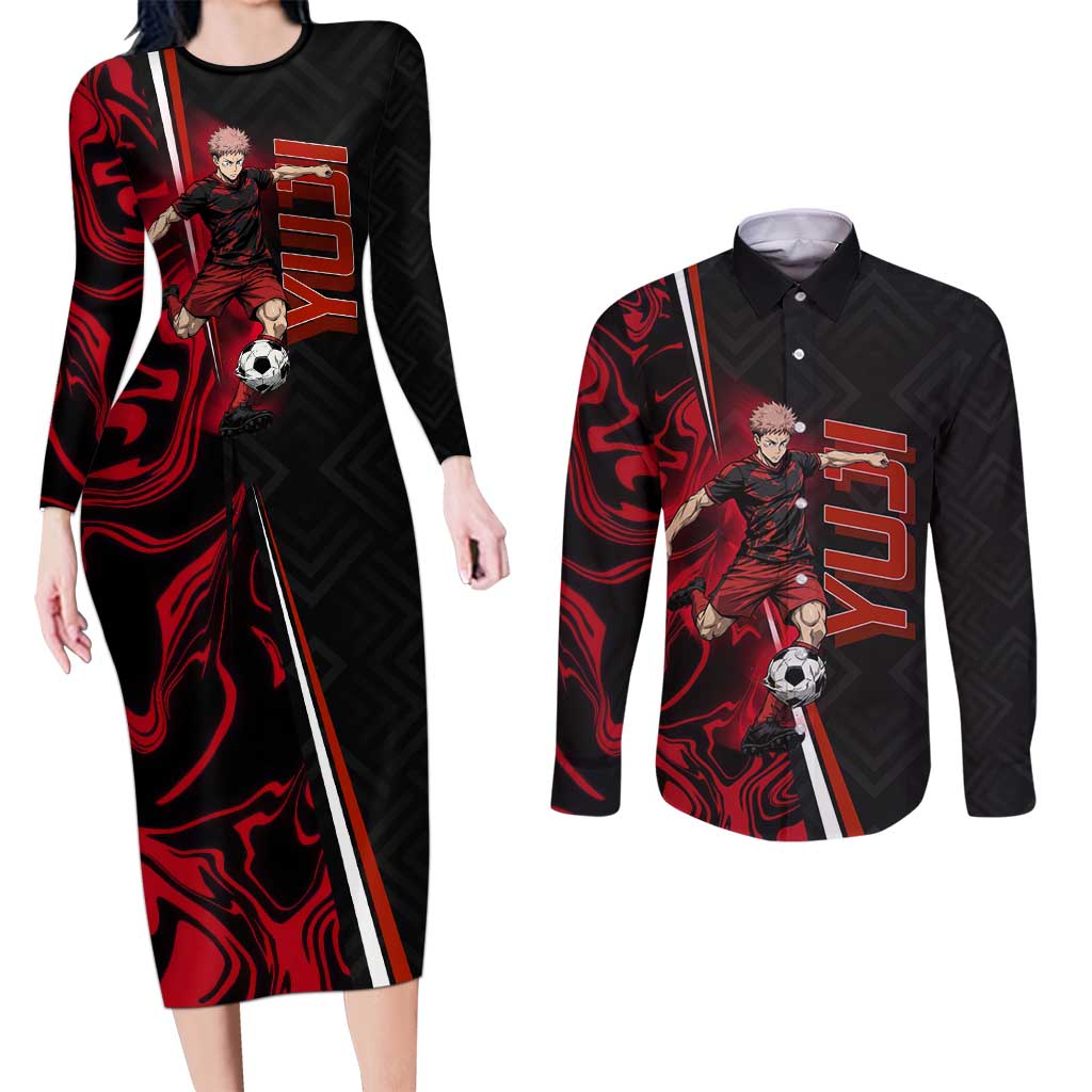 Personalized Yuji Itadori Jujutsu Kaisen Soccer Theme Couples Matching Long Sleeve Bodycon Dress and Long Sleeve Button Shirt with Dynamic Kick Pose and Red Black Flame Graphic Design - The Mazicc