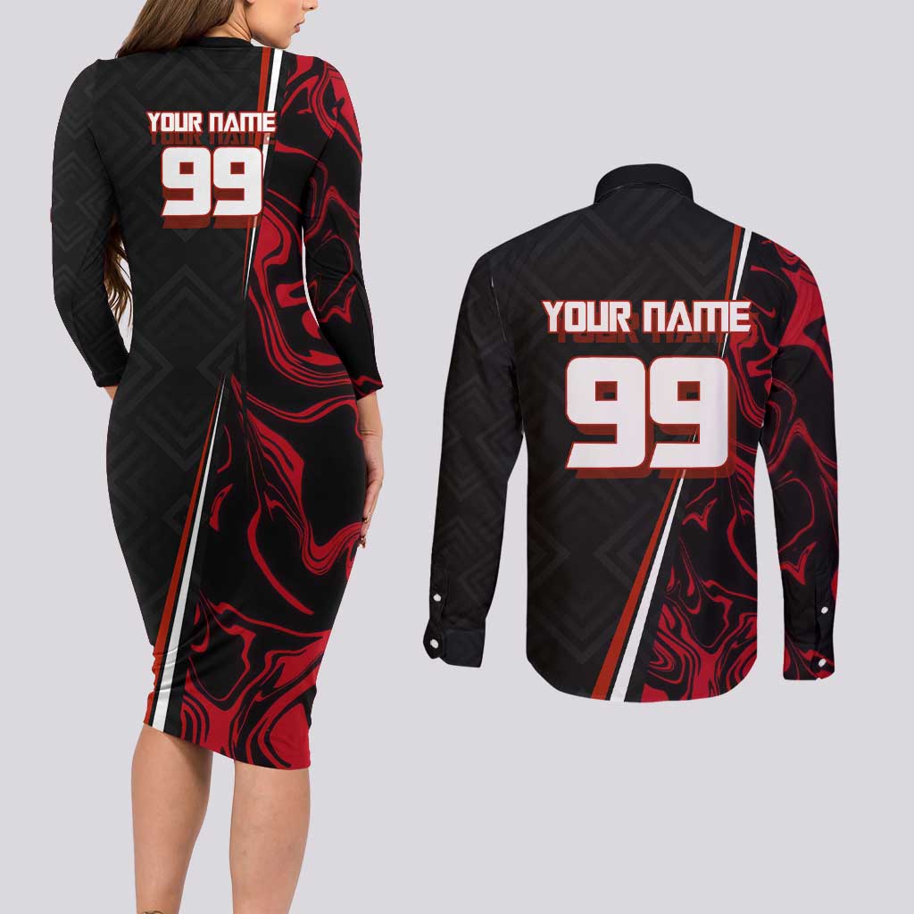Personalized Yuji Itadori Jujutsu Kaisen Soccer Theme Couples Matching Long Sleeve Bodycon Dress and Long Sleeve Button Shirt with Dynamic Kick Pose and Red Black Flame Graphic Design - The Mazicc