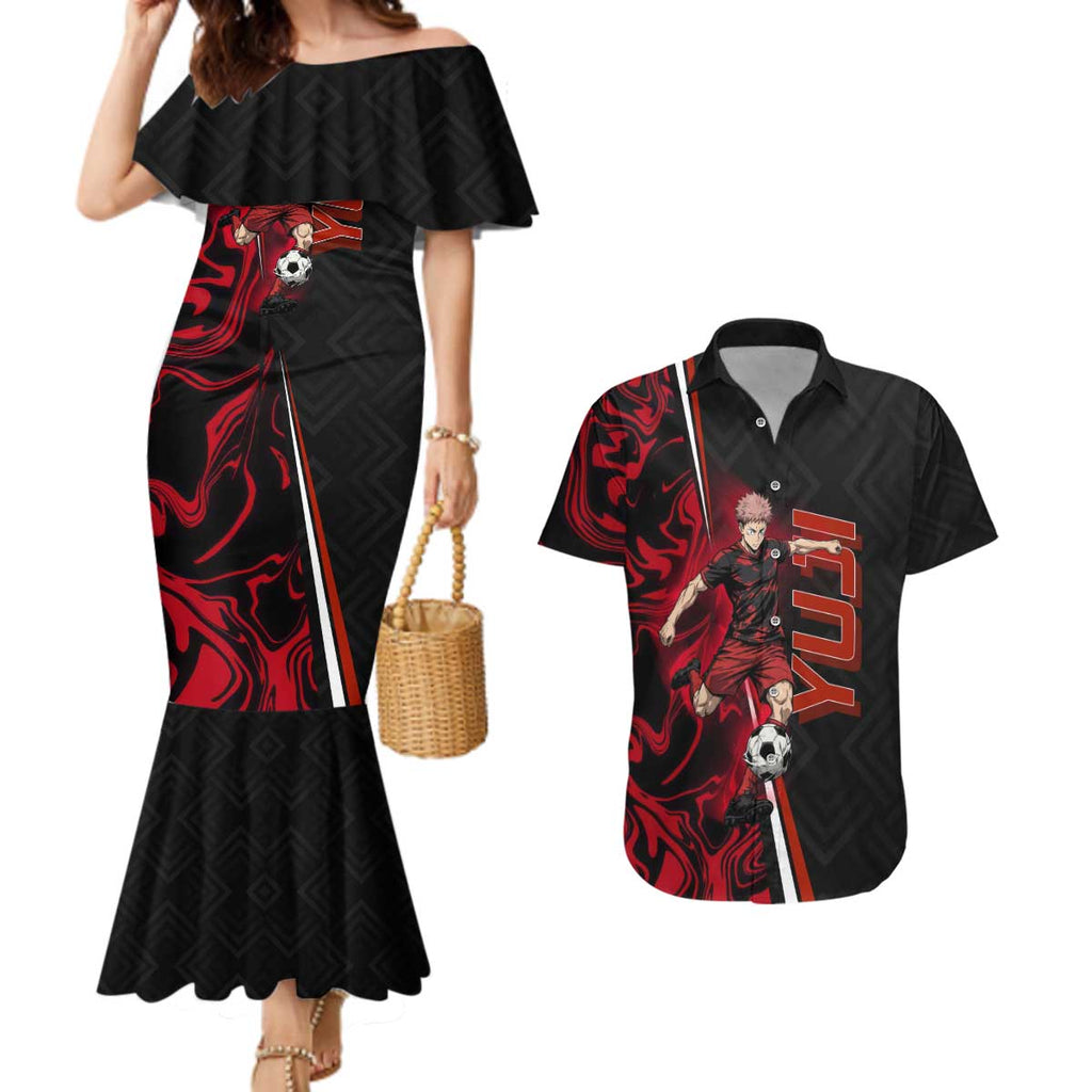 Personalized Yuji Itadori Jujutsu Kaisen Soccer Theme Couples Matching Mermaid Dress and Hawaiian Shirt with Dynamic Kick Pose and Red Black Flame Graphic Design - The Mazicc