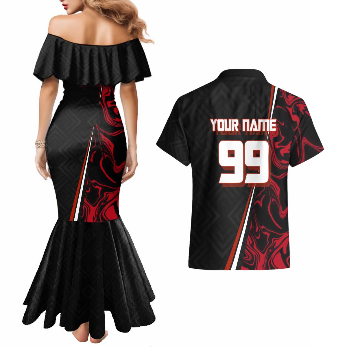 Personalized Yuji Itadori Jujutsu Kaisen Soccer Theme Couples Matching Mermaid Dress and Hawaiian Shirt with Dynamic Kick Pose and Red Black Flame Graphic Design - The Mazicc