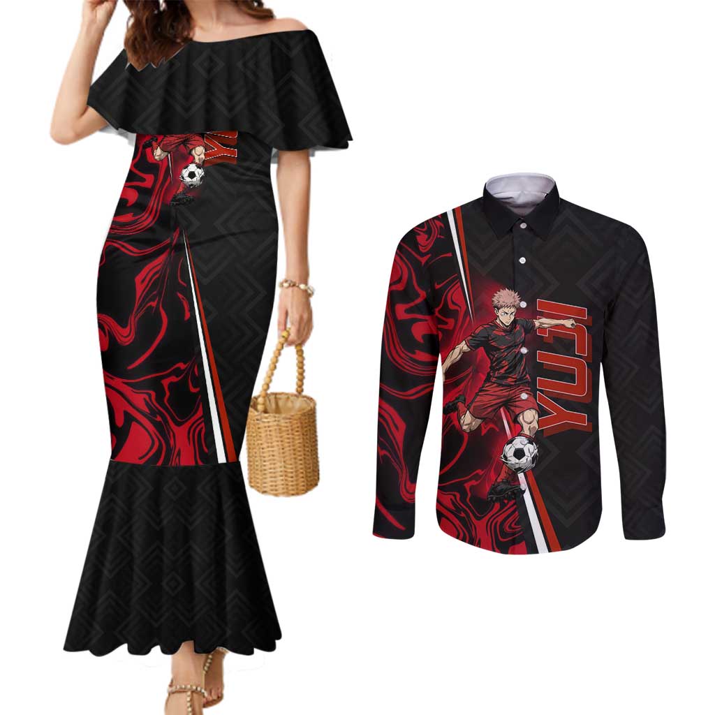 Personalized Yuji Itadori Jujutsu Kaisen Soccer Theme Couples Matching Mermaid Dress and Long Sleeve Button Shirt with Dynamic Kick Pose and Red Black Flame Graphic Design - The Mazicc