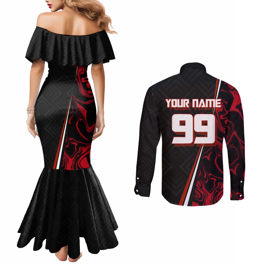 Personalized Yuji Itadori Jujutsu Kaisen Soccer Theme Couples Matching Mermaid Dress and Long Sleeve Button Shirt with Dynamic Kick Pose and Red Black Flame Graphic Design - The Mazicc