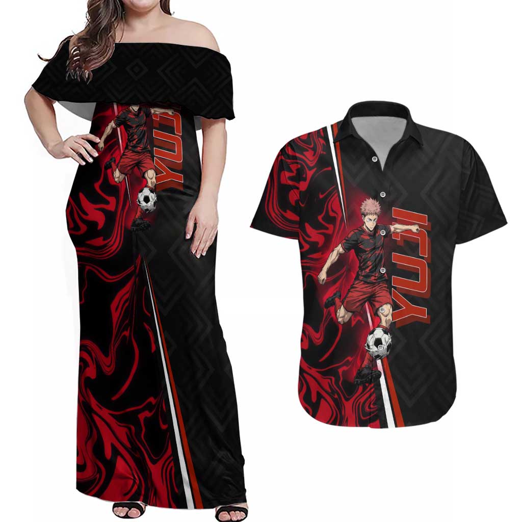 Personalized Yuji Itadori Jujutsu Kaisen Soccer Theme Couples Matching Off Shoulder Maxi Dress and Hawaiian Shirt with Dynamic Kick Pose and Red Black Flame Graphic Design - The Mazicc