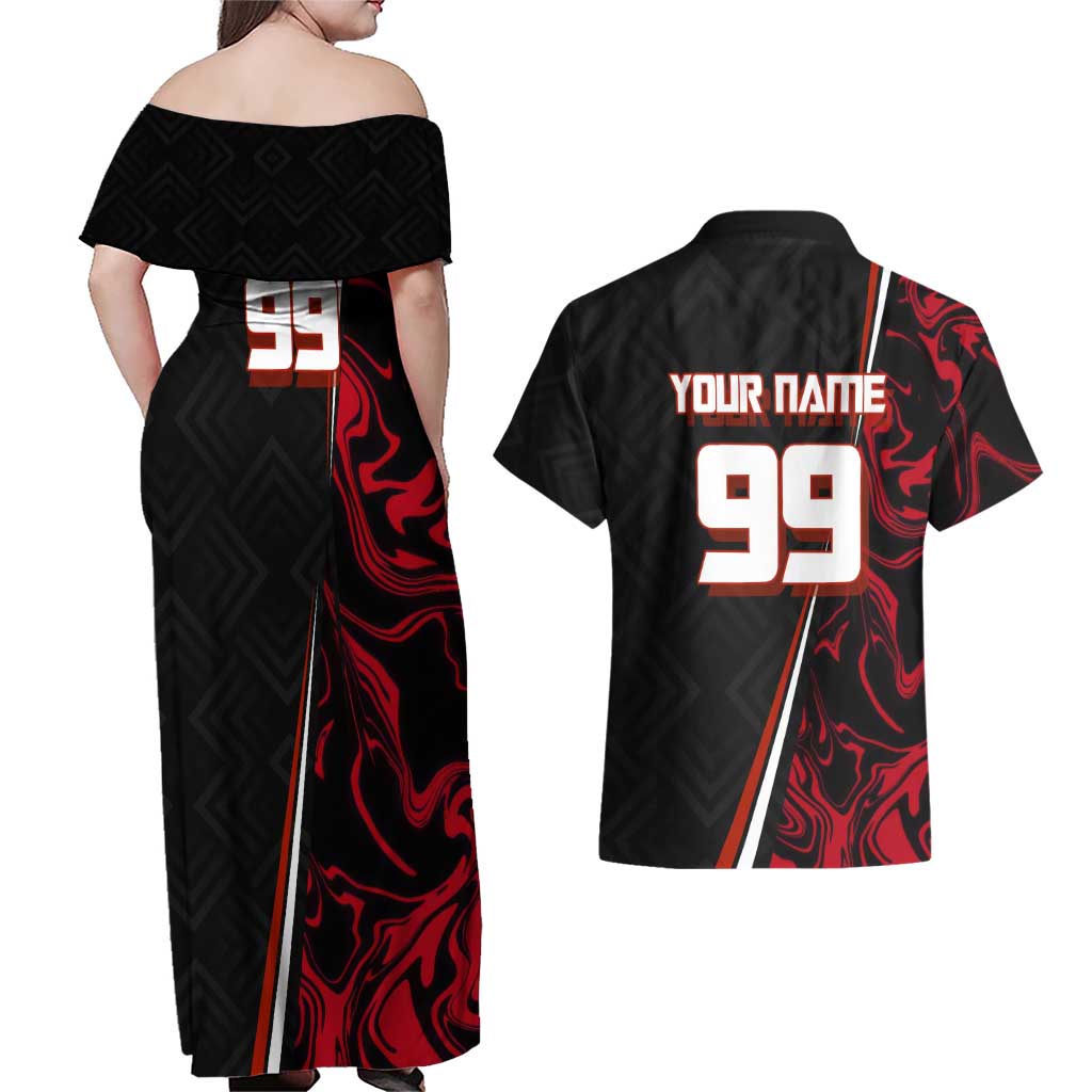 Personalized Yuji Itadori Jujutsu Kaisen Soccer Theme Couples Matching Off Shoulder Maxi Dress and Hawaiian Shirt with Dynamic Kick Pose and Red Black Flame Graphic Design - The Mazicc