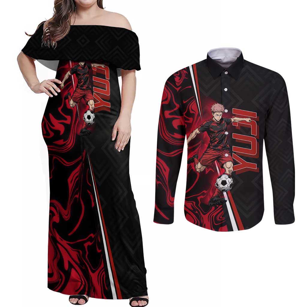 Personalized Yuji Itadori Jujutsu Kaisen Soccer Theme Couples Matching Off Shoulder Maxi Dress and Long Sleeve Button Shirt with Dynamic Kick Pose and Red Black Flame Graphic Design - The Mazicc