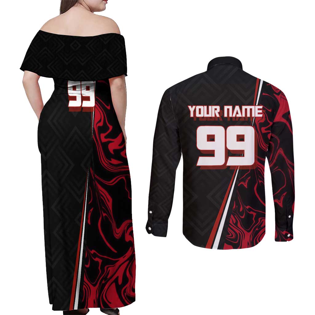 Personalized Yuji Itadori Jujutsu Kaisen Soccer Theme Couples Matching Off Shoulder Maxi Dress and Long Sleeve Button Shirt with Dynamic Kick Pose and Red Black Flame Graphic Design - The Mazicc