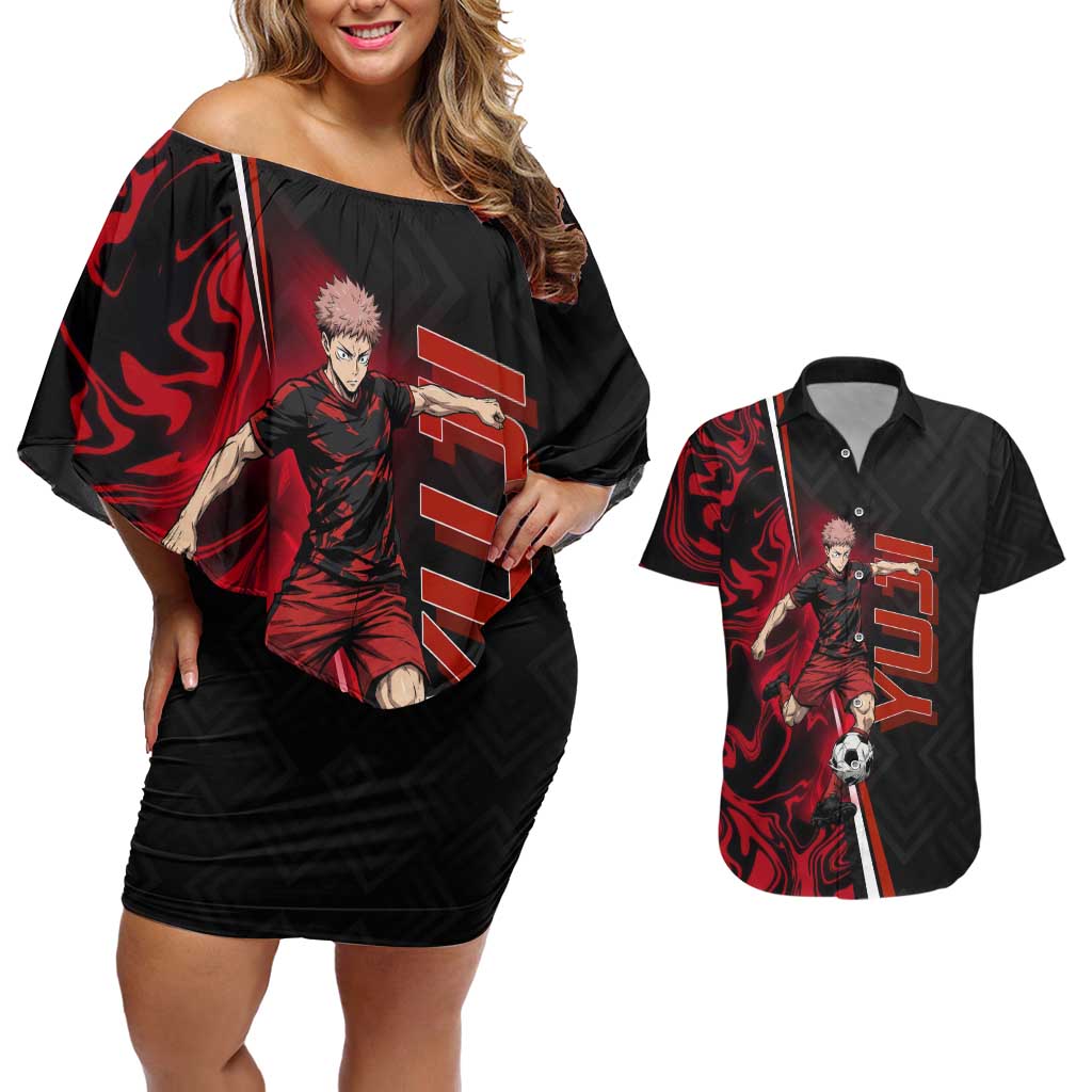 Personalized Yuji Itadori Jujutsu Kaisen Soccer Theme Couples Matching Off Shoulder Short Dress and Hawaiian Shirt with Dynamic Kick Pose and Red Black Flame Graphic Design - The Mazicc