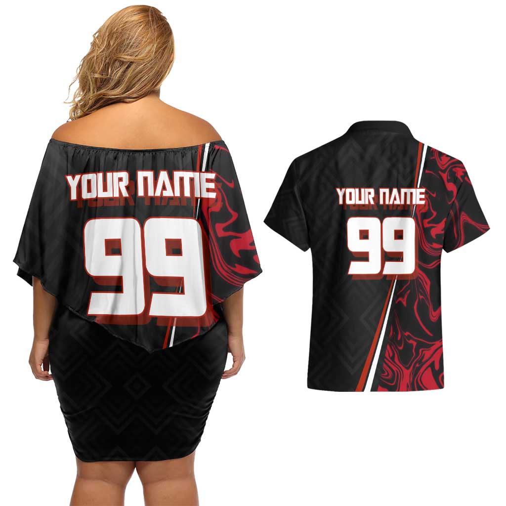 Personalized Yuji Itadori Jujutsu Kaisen Soccer Theme Couples Matching Off Shoulder Short Dress and Hawaiian Shirt with Dynamic Kick Pose and Red Black Flame Graphic Design - The Mazicc