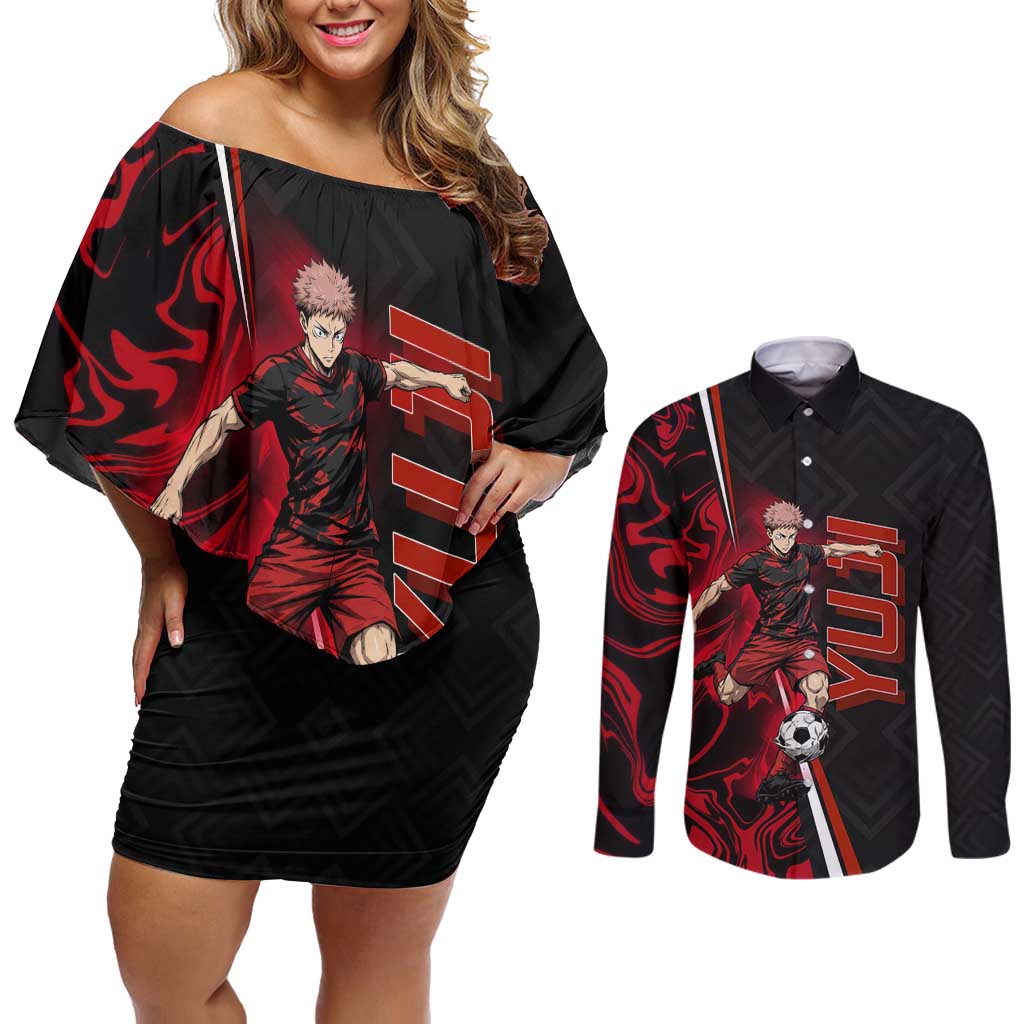 Personalized Yuji Itadori Jujutsu Kaisen Soccer Theme Couples Matching Off Shoulder Short Dress and Long Sleeve Button Shirt with Dynamic Kick Pose and Red Black Flame Graphic Design - The Mazicc