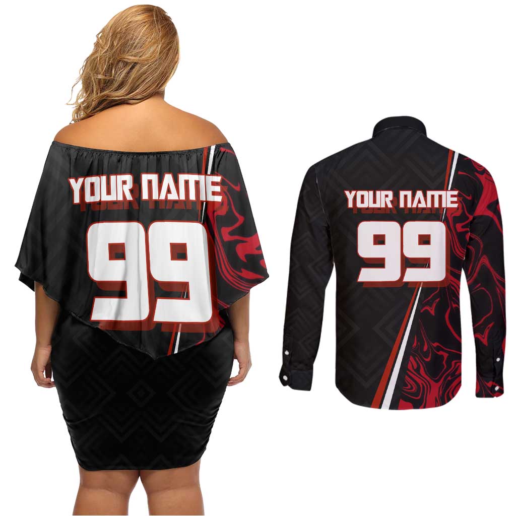 Personalized Yuji Itadori Jujutsu Kaisen Soccer Theme Couples Matching Off Shoulder Short Dress and Long Sleeve Button Shirt with Dynamic Kick Pose and Red Black Flame Graphic Design - The Mazicc