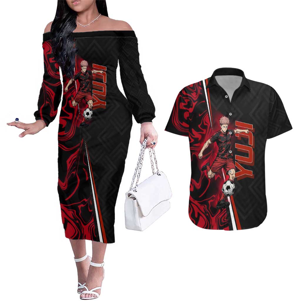 Personalized Yuji Itadori Jujutsu Kaisen Soccer Theme Couples Matching Off The Shoulder Long Sleeve Dress and Hawaiian Shirt with Dynamic Kick Pose and Red Black Flame Graphic Design - The Mazicc