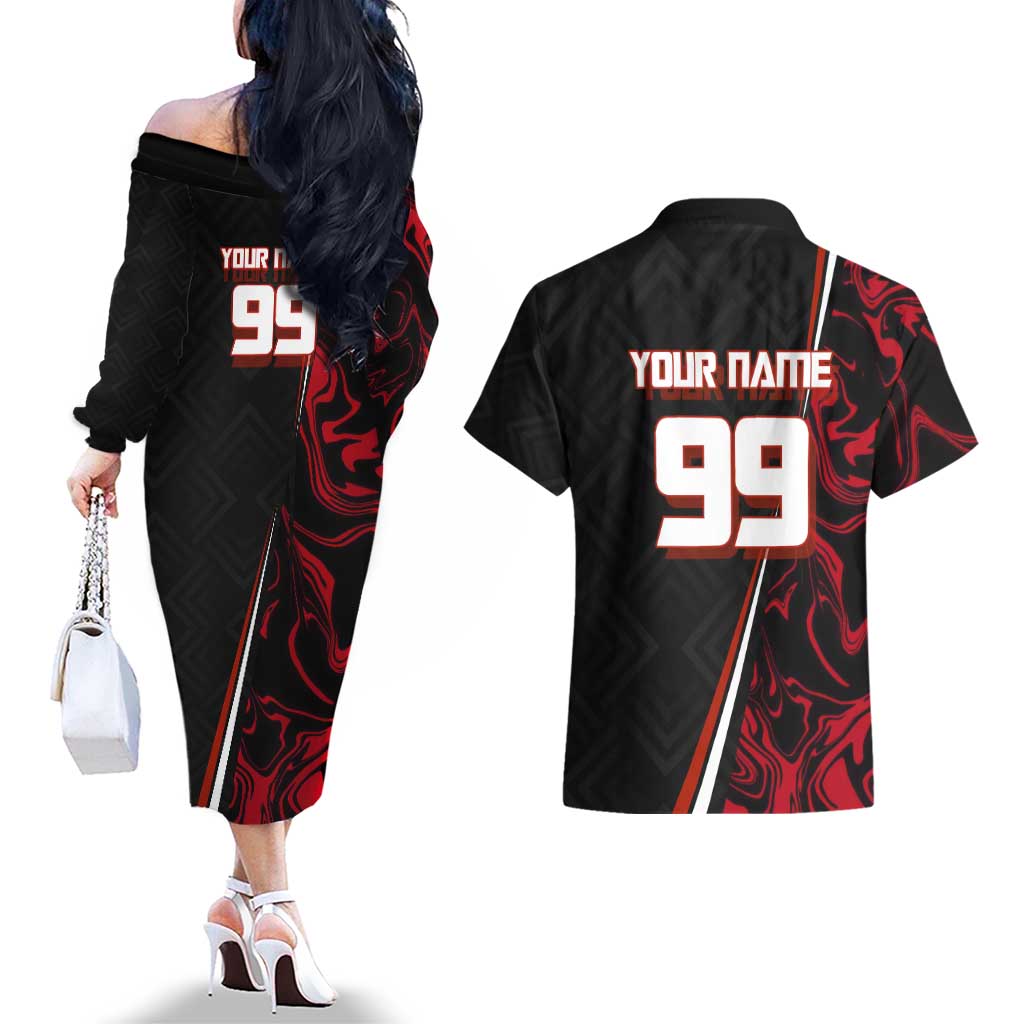 Personalized Yuji Itadori Jujutsu Kaisen Soccer Theme Couples Matching Off The Shoulder Long Sleeve Dress and Hawaiian Shirt with Dynamic Kick Pose and Red Black Flame Graphic Design - The Mazicc