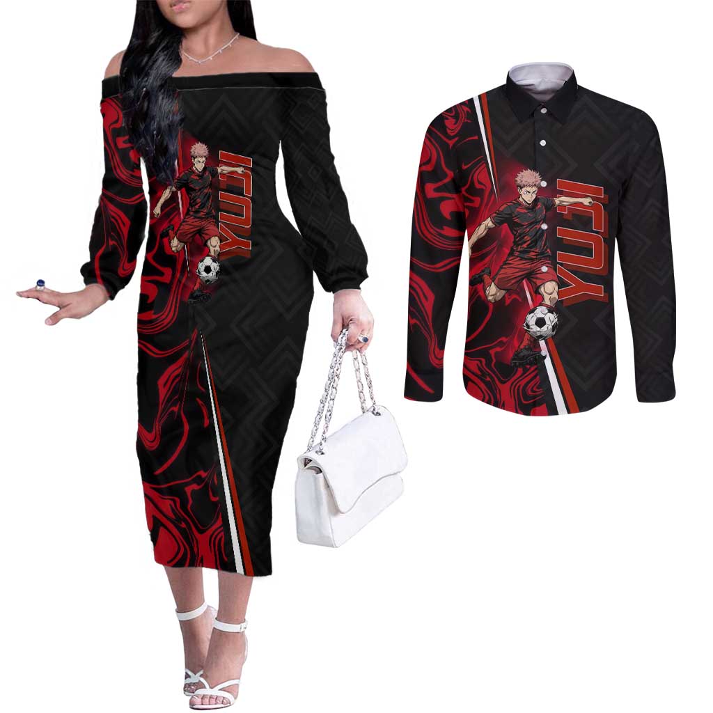 Personalized Yuji Itadori Jujutsu Kaisen Soccer Theme Couples Matching Off The Shoulder Long Sleeve Dress and Long Sleeve Button Shirt with Dynamic Kick Pose and Red Black Flame Graphic Design - The Mazicc