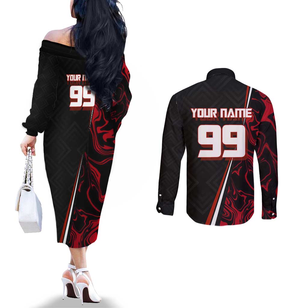 Personalized Yuji Itadori Jujutsu Kaisen Soccer Theme Couples Matching Off The Shoulder Long Sleeve Dress and Long Sleeve Button Shirt with Dynamic Kick Pose and Red Black Flame Graphic Design - The Mazicc