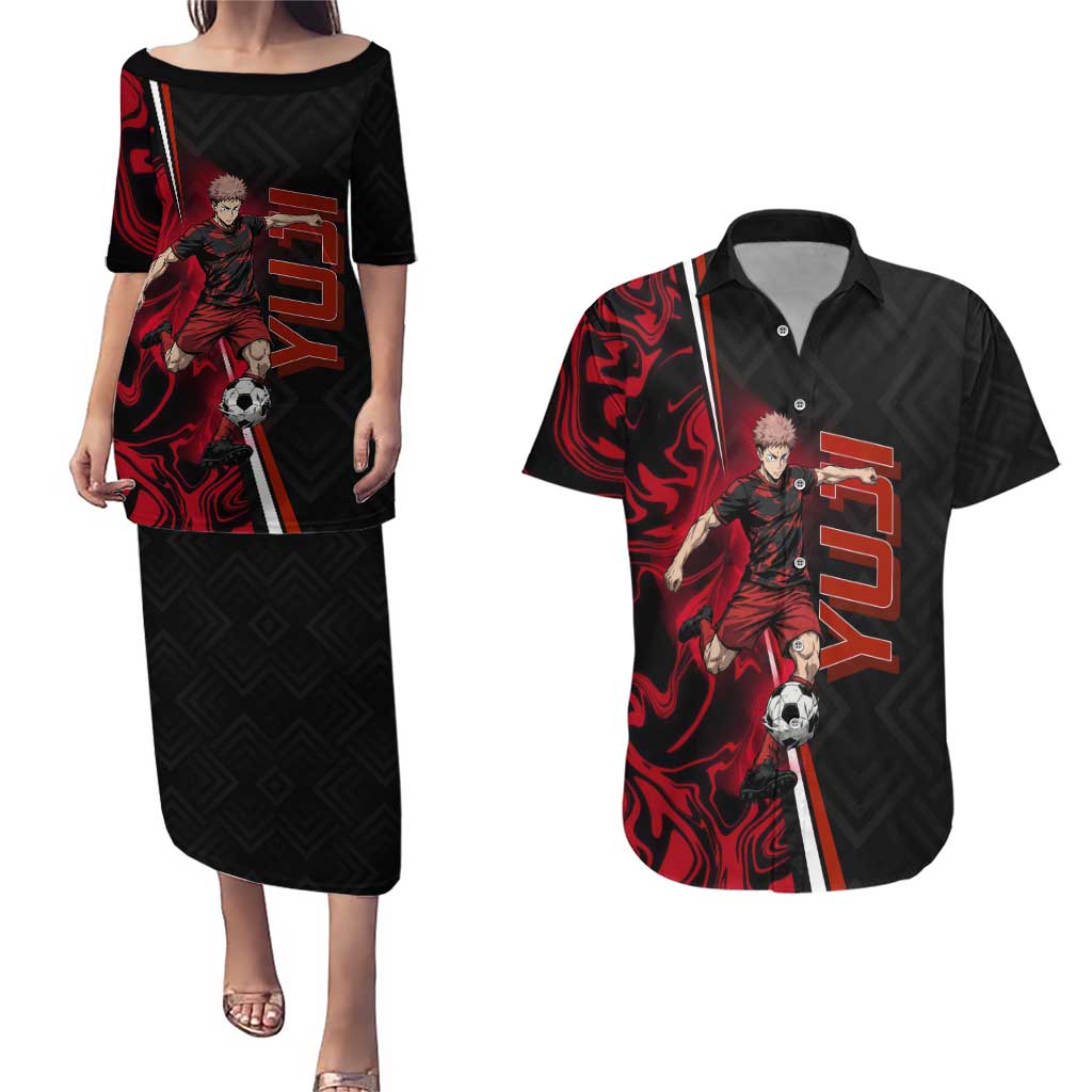 Personalized Yuji Itadori Jujutsu Kaisen Soccer Theme Couples Matching Puletasi and Hawaiian Shirt with Dynamic Kick Pose and Red Black Flame Graphic Design - The Mazicc