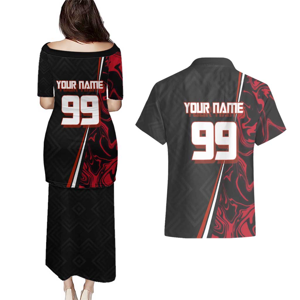 Personalized Yuji Itadori Jujutsu Kaisen Soccer Theme Couples Matching Puletasi and Hawaiian Shirt with Dynamic Kick Pose and Red Black Flame Graphic Design - The Mazicc