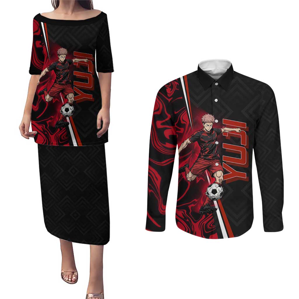 Personalized Yuji Itadori Jujutsu Kaisen Soccer Theme Couples Matching Puletasi and Long Sleeve Button Shirt with Dynamic Kick Pose and Red Black Flame Graphic Design - The Mazicc