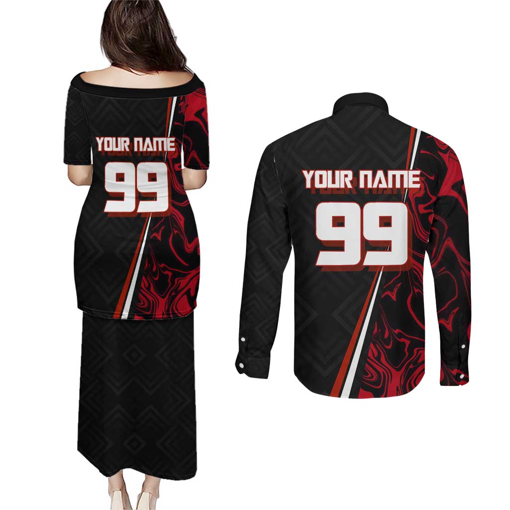 Personalized Yuji Itadori Jujutsu Kaisen Soccer Theme Couples Matching Puletasi and Long Sleeve Button Shirt with Dynamic Kick Pose and Red Black Flame Graphic Design - The Mazicc