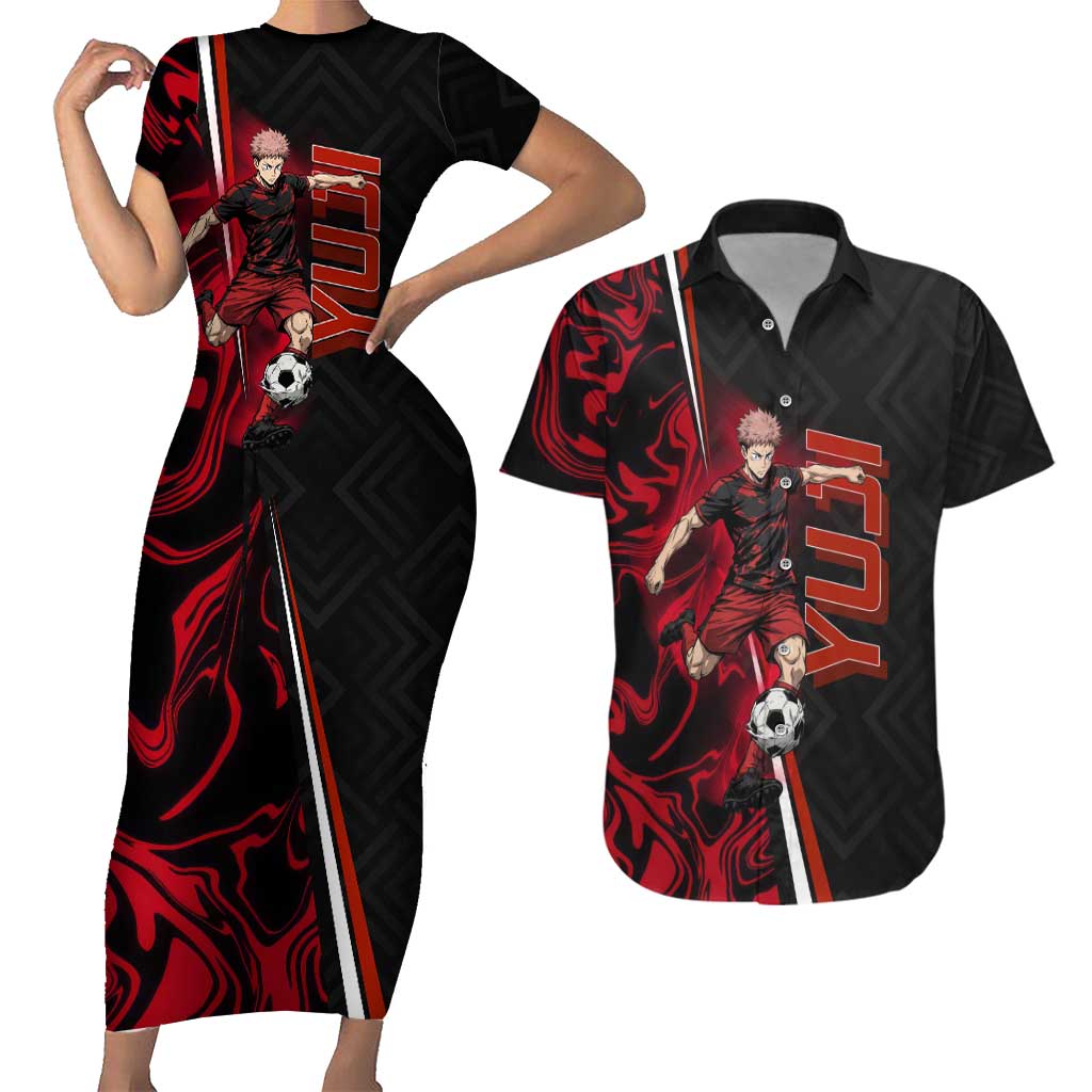Personalized Yuji Itadori Jujutsu Kaisen Soccer Theme Couples Matching Short Sleeve Bodycon Dress and Hawaiian Shirt with Dynamic Kick Pose and Red Black Flame Graphic Design - The Mazicc