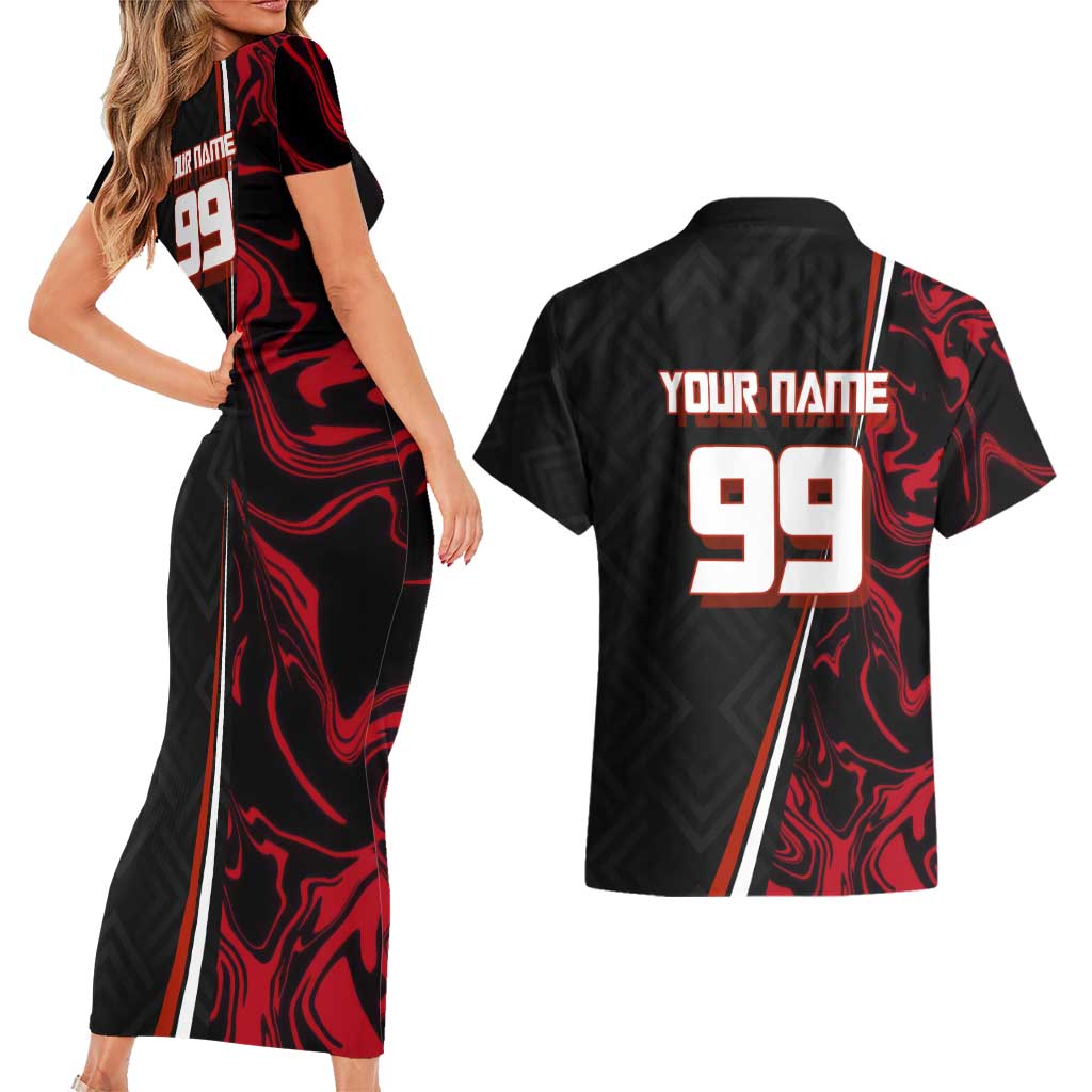 Personalized Yuji Itadori Jujutsu Kaisen Soccer Theme Couples Matching Short Sleeve Bodycon Dress and Hawaiian Shirt with Dynamic Kick Pose and Red Black Flame Graphic Design - The Mazicc