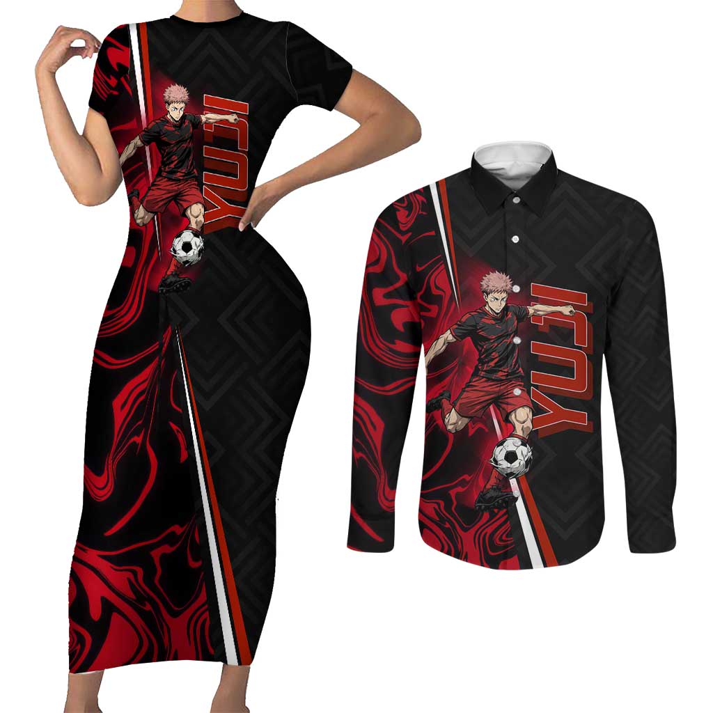 Personalized Yuji Itadori Jujutsu Kaisen Soccer Theme Couples Matching Short Sleeve Bodycon Dress and Long Sleeve Button Shirt with Dynamic Kick Pose and Red Black Flame Graphic Design - The Mazicc
