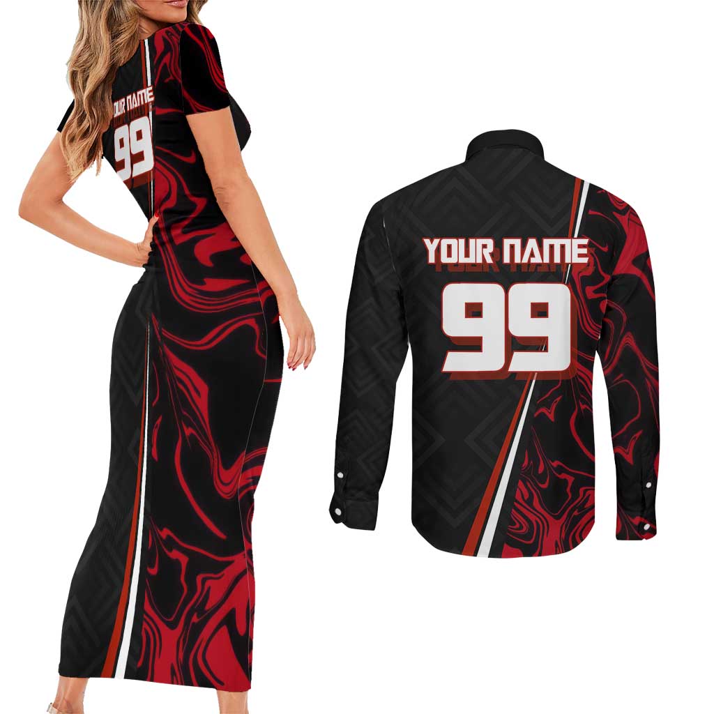 Personalized Yuji Itadori Jujutsu Kaisen Soccer Theme Couples Matching Short Sleeve Bodycon Dress and Long Sleeve Button Shirt with Dynamic Kick Pose and Red Black Flame Graphic Design - The Mazicc
