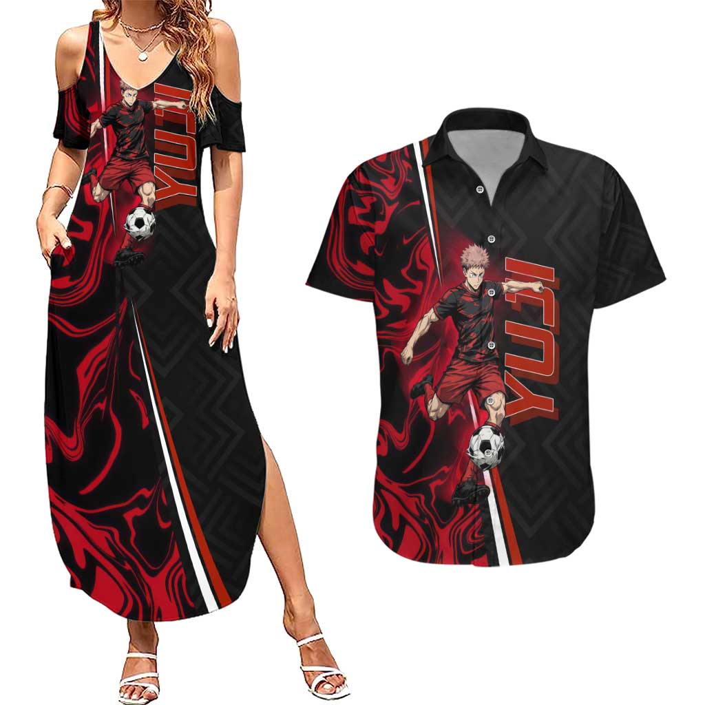 Personalized Yuji Itadori Jujutsu Kaisen Soccer Theme Couples Matching Summer Maxi Dress and Hawaiian Shirt with Dynamic Kick Pose and Red Black Flame Graphic Design - The Mazicc