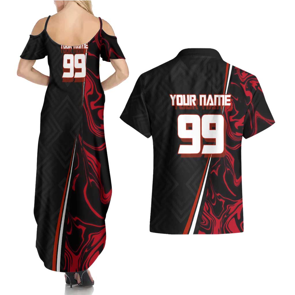 Personalized Yuji Itadori Jujutsu Kaisen Soccer Theme Couples Matching Summer Maxi Dress and Hawaiian Shirt with Dynamic Kick Pose and Red Black Flame Graphic Design - The Mazicc