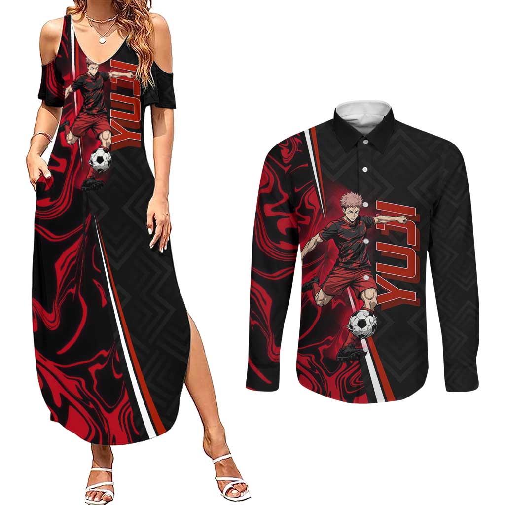 Personalized Yuji Itadori Jujutsu Kaisen Soccer Theme Couples Matching Summer Maxi Dress and Long Sleeve Button Shirt with Dynamic Kick Pose and Red Black Flame Graphic Design - The Mazicc