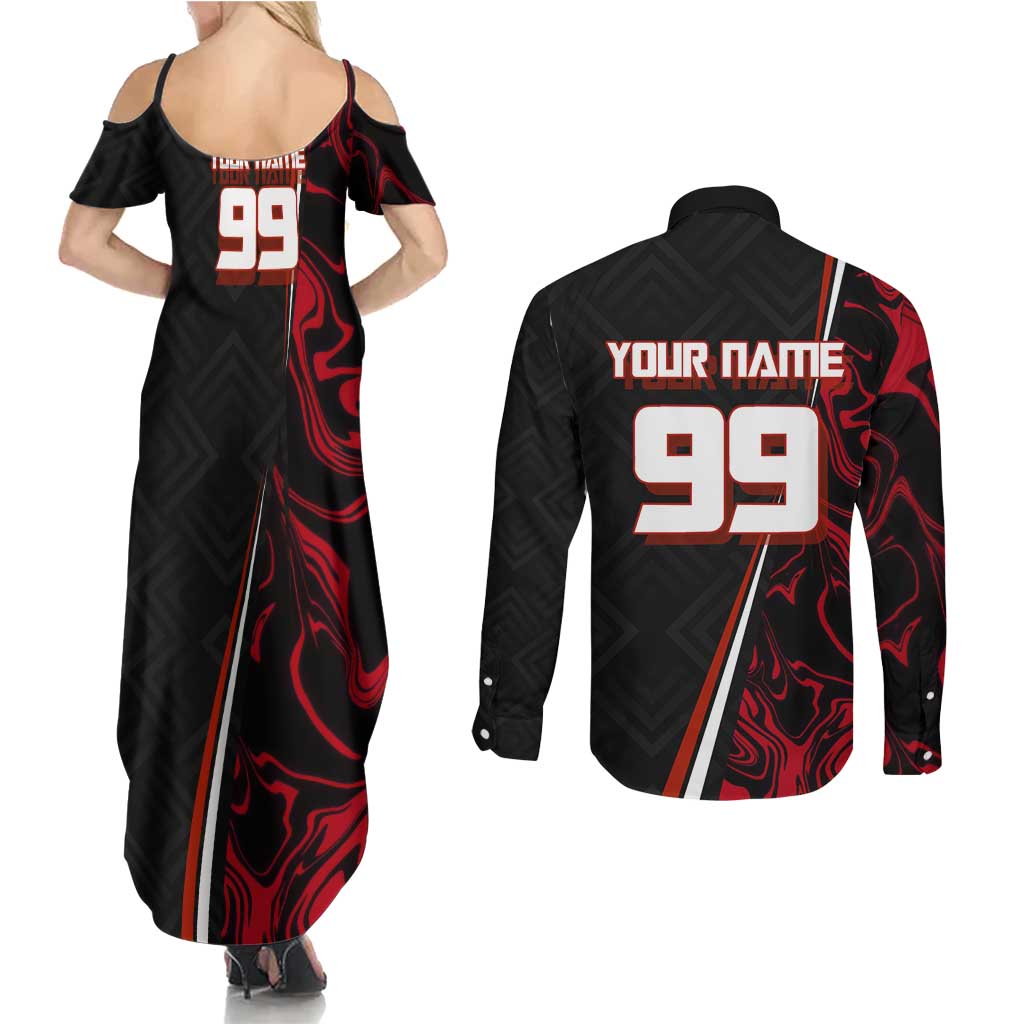 Personalized Yuji Itadori Jujutsu Kaisen Soccer Theme Couples Matching Summer Maxi Dress and Long Sleeve Button Shirt with Dynamic Kick Pose and Red Black Flame Graphic Design - The Mazicc