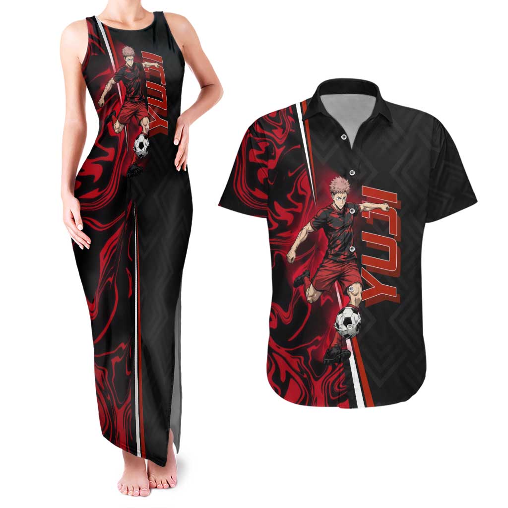 Personalized Yuji Itadori Jujutsu Kaisen Soccer Theme Couples Matching Tank Maxi Dress and Hawaiian Shirt with Dynamic Kick Pose and Red Black Flame Graphic Design - The Mazicc