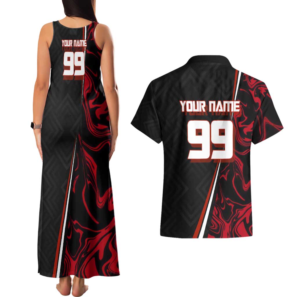 Personalized Yuji Itadori Jujutsu Kaisen Soccer Theme Couples Matching Tank Maxi Dress and Hawaiian Shirt with Dynamic Kick Pose and Red Black Flame Graphic Design - The Mazicc