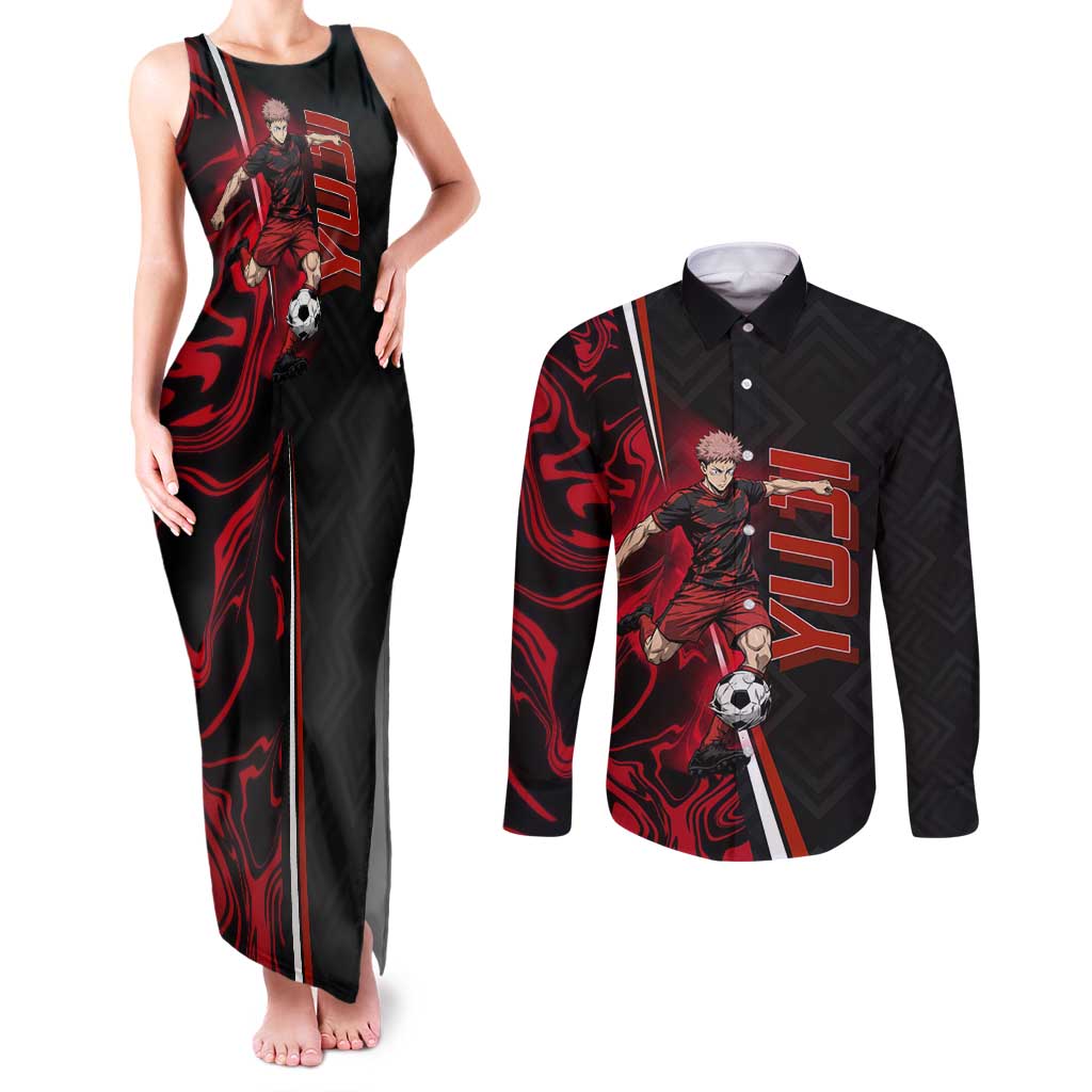 Personalized Yuji Itadori Jujutsu Kaisen Soccer Theme Couples Matching Tank Maxi Dress and Long Sleeve Button Shirt with Dynamic Kick Pose and Red Black Flame Graphic Design - The Mazicc