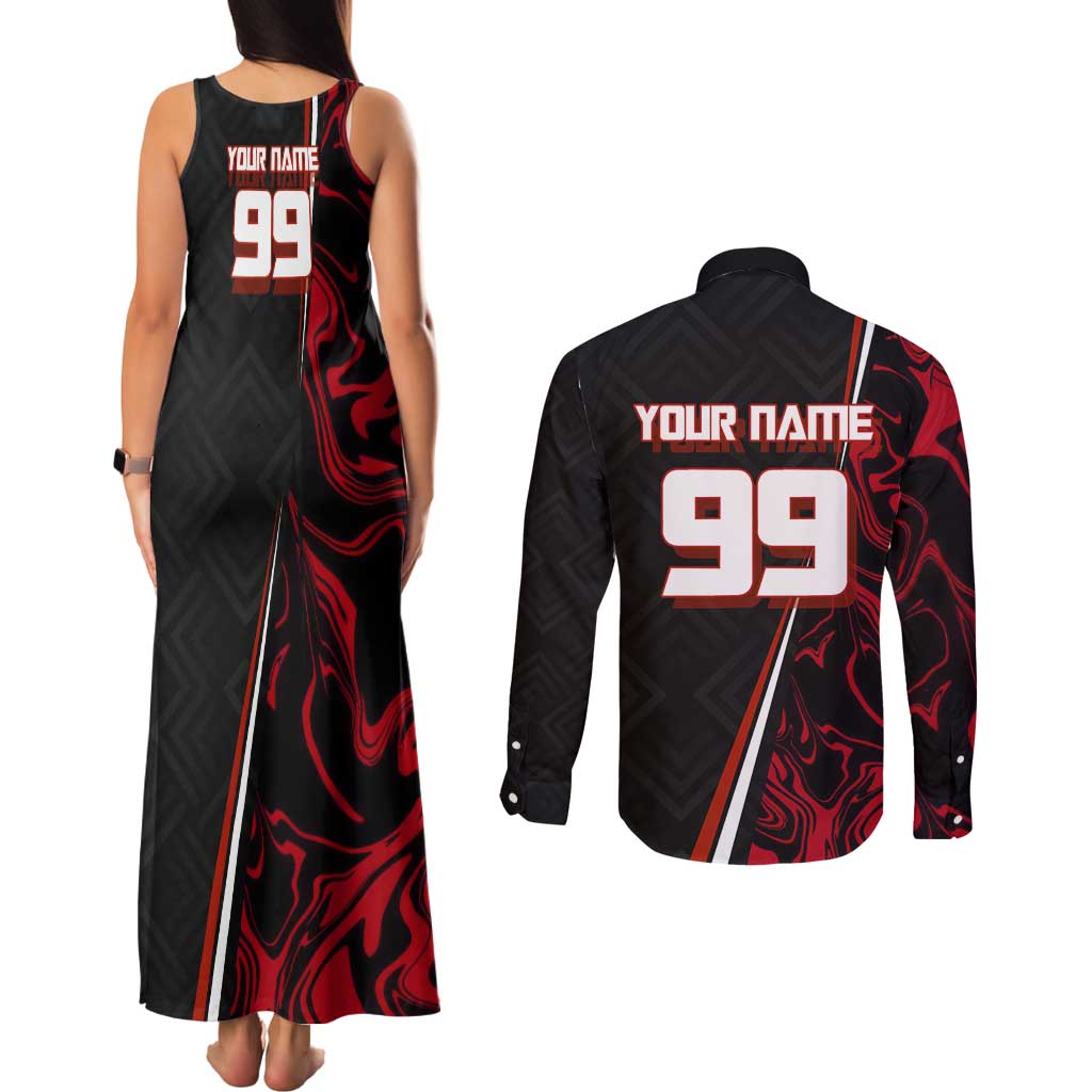 Personalized Yuji Itadori Jujutsu Kaisen Soccer Theme Couples Matching Tank Maxi Dress and Long Sleeve Button Shirt with Dynamic Kick Pose and Red Black Flame Graphic Design - The Mazicc