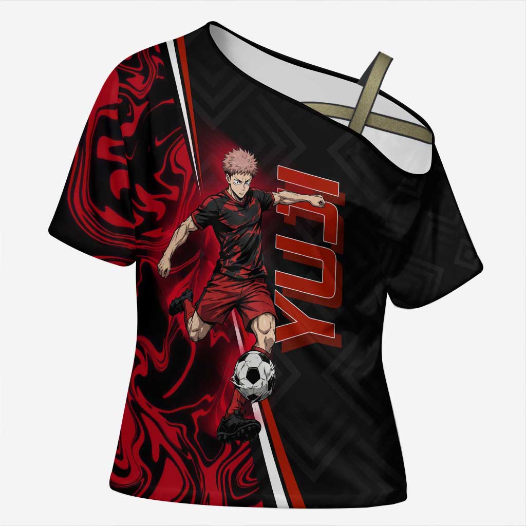 Personalized Yuji Itadori Jujutsu Kaisen Soccer Theme Cross Shoulder Shirt with Dynamic Kick Pose and Red Black Flame Graphic Design - The Mazicc