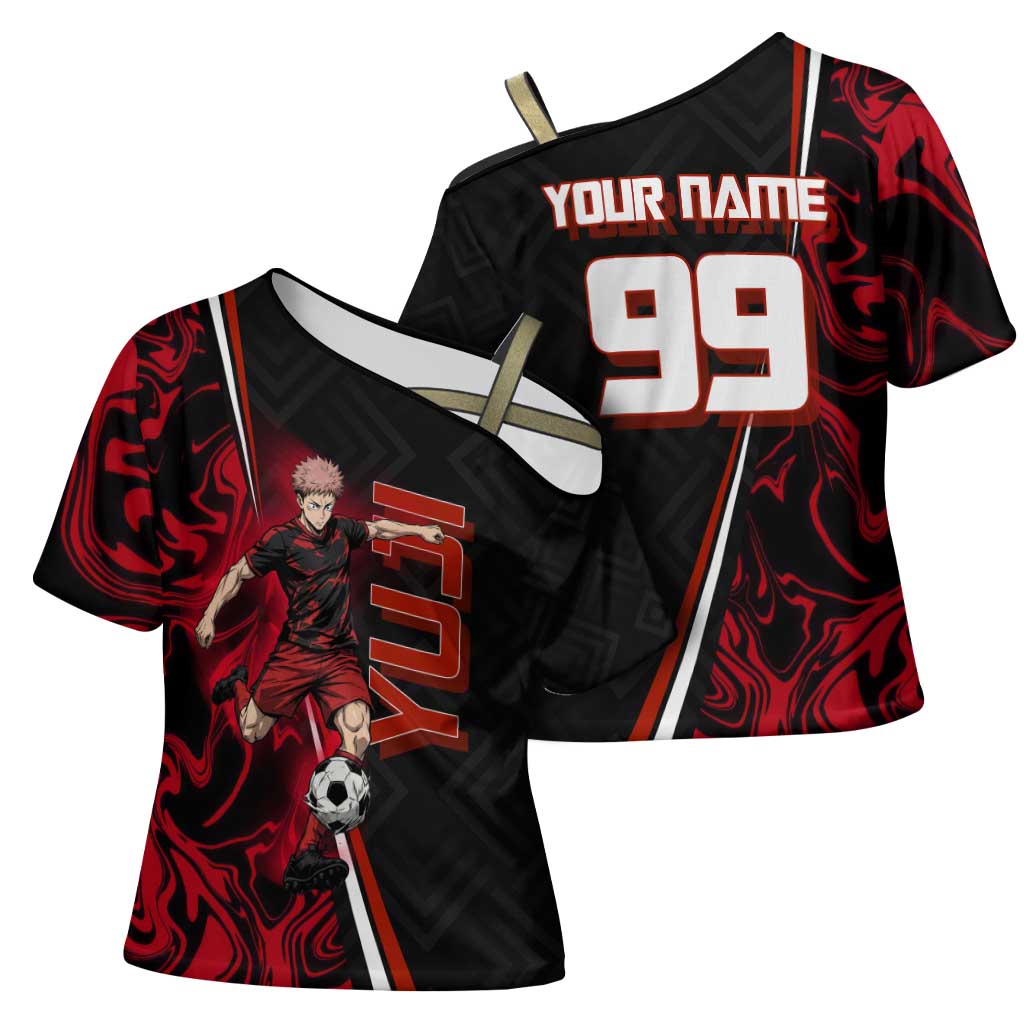 Personalized Yuji Itadori Jujutsu Kaisen Soccer Theme Cross Shoulder Shirt with Dynamic Kick Pose and Red Black Flame Graphic Design - The Mazicc